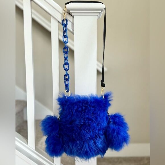 Multi Style Use Handmade Real Shearling Drawstring Bucket Bag with 4 Fur Balls - Picture 7 of 17